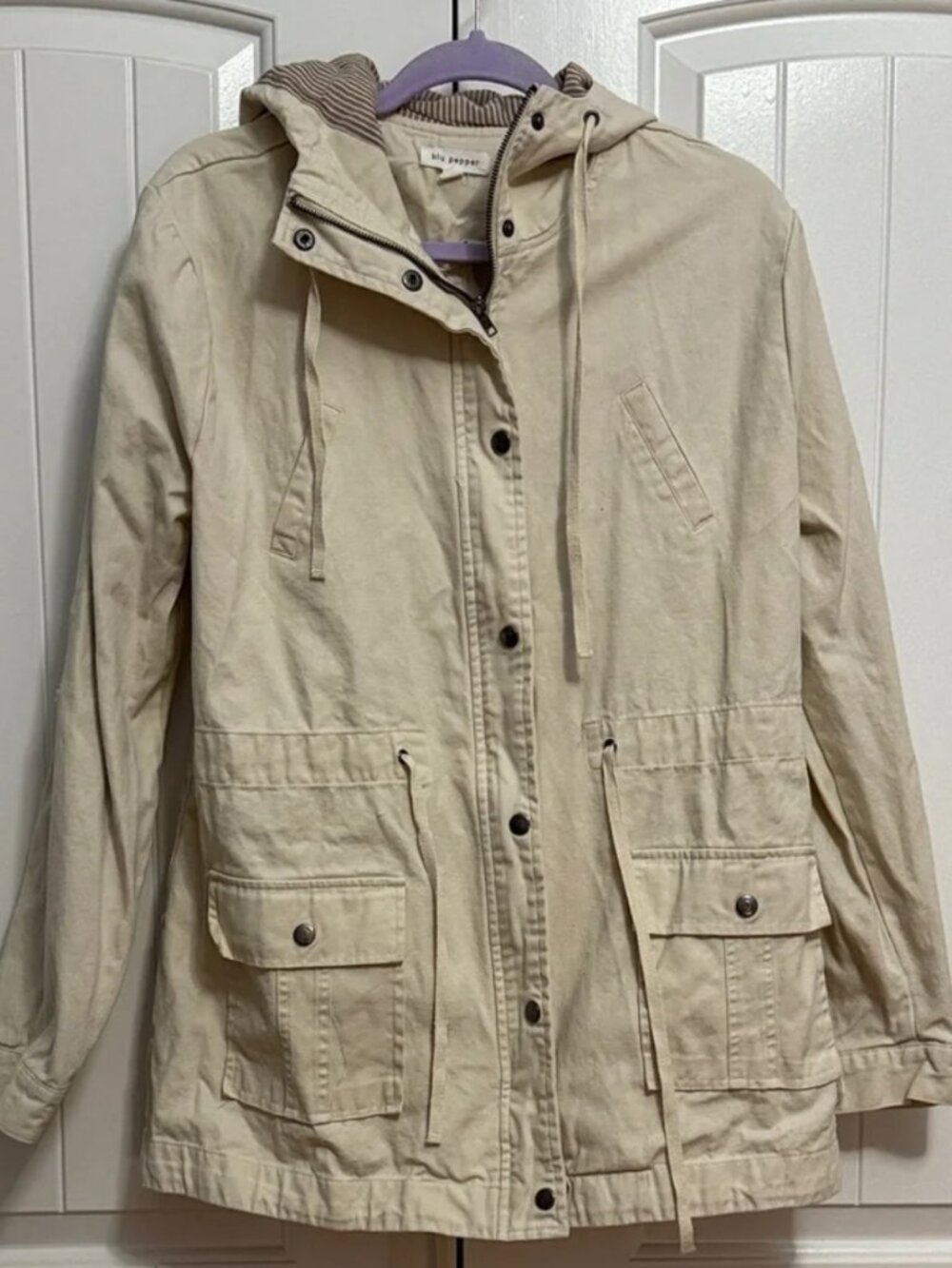 Blu Pepper Women's Large Beige Utility Jacket Hooded Anorak Cargo Pockets